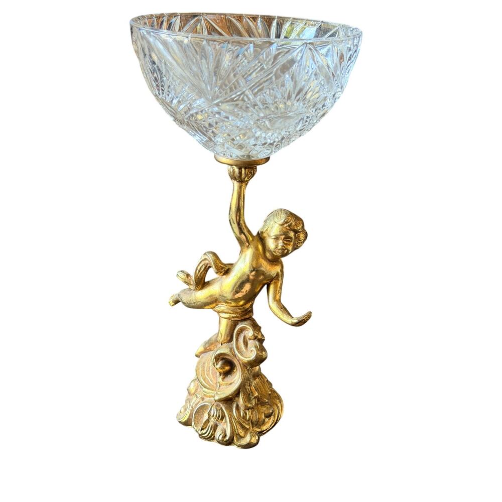 Vintage Cherub Base W/ Crystal Compote Bowl 9.5"